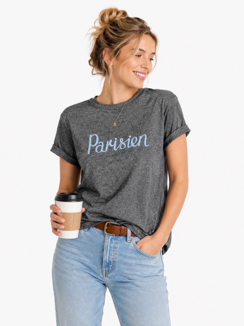Maison Kitsuné Parisien Printed T-shirt Dark Grey Melange Blue Size Large Cotton